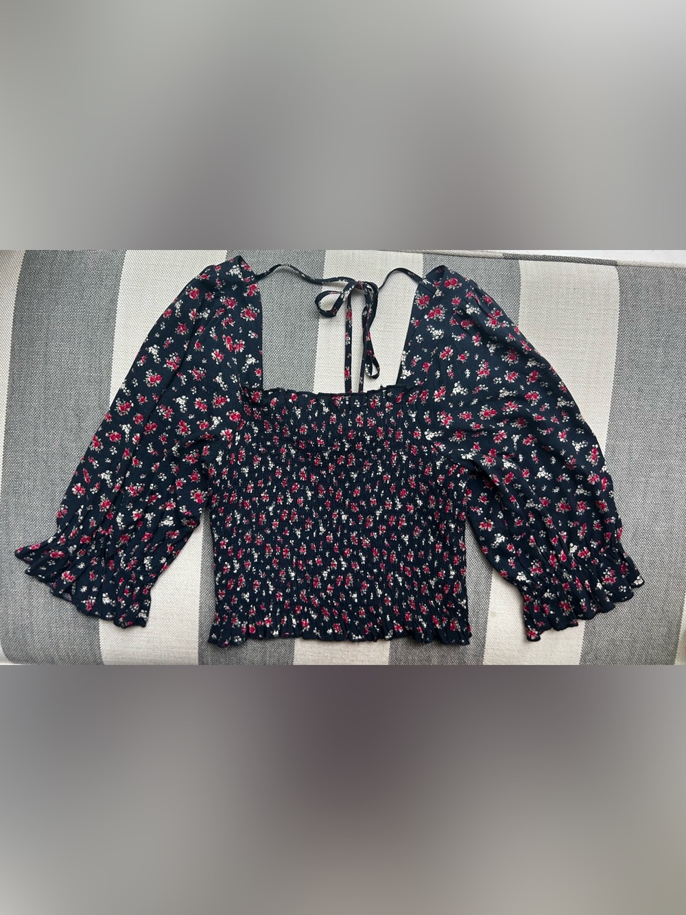 Francesca's Navy Floral Smocked Puff-Sleeve Blouse